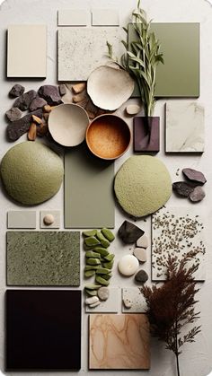 an assortment of different colors and shapes on a white surface with plants, rocks, and other items