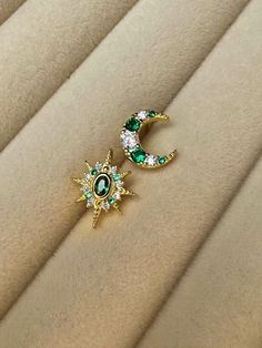 Moon and Star shape 18K gold vermeil stud earrings with green and white cubic zirconia stones. Metal: 18K Gold Plated on Silver 925 Stud Piercing, Piercing Earrings, Star Moon, Star Studs, Moon Star, Star Shape, Stars And Moon, Jewelry Earrings Studs, Ring Necklace