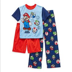 Super Mario Pajama Set New Nwt Super Mario Bros - 3-Piece Set Size: 6 **Note - Small Tear By Chin Area Of Mario - See 2nd To Last Pic** This Super Mario 3-Piece Pajama Set Features A Short Sleeve Top, Shorts And Pants To Give Him Endless Styling Options For Bedtime. Shirt Features Your Favorite Characters: Super Mario, Luigi, Yoshi!! 3 Piece Set Includes: - (1) Shirt (Crew Neck + Short Sleeves) - (1) Shorts (Elastic Waist) - (1) Pajama Pant (Elastic Waist) Flame Resistant Sleepwear Nwt - New Tag Blue Character Print Playwear Sets, Cotton Sets With Character Print For Pajama Party, Blue Cotton Character Print Sets, Blue Cotton Sets With Character Print, Blue Character Print Sets For Playwear, Cotton Sleep Sets With Character Print, Cotton Sleepwear Sets With Character Print, Cotton Bedtime Sets With Character Print, Blue Playful Character Print Sets