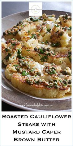 roasted cauliflower steaks with mustard and caper brown butter on a plate