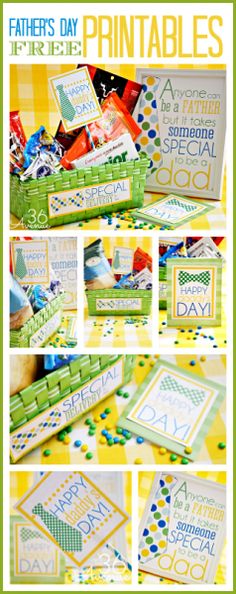 father's day printables are displayed on a yellow and green tablecloth