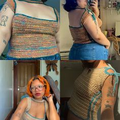 the woman has orange hair and is wearing a top made out of crochet