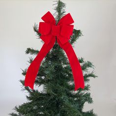 a small christmas tree with a red bow on it's top and green needles