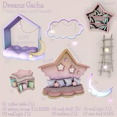 a set of various items that include a bed, stars and moon in the night sky