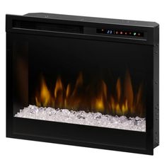 an electric fireplace with flames and ice