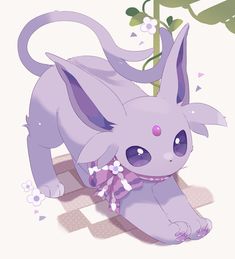 a cute little purple animal sitting on top of a checkerboard floor next to a plant