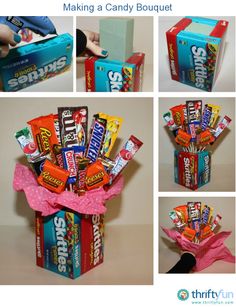 the candy bouquet has been made into a gift box for someone's special occasion