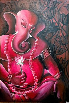 a painting of an elephant holding a flower in its trunk and wearing pearls on it's chest