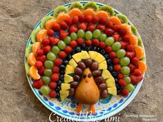 a turkey made out of fruit on a plate