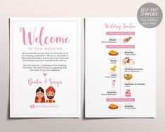 two wedding program cards with pink and white designs