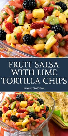 fruit salad with lime tortilla chips in a glass bowl and on the side