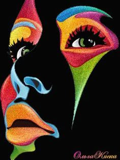 a painting of a woman's face painted in bright colors with an artistic expression