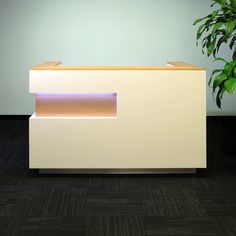 a white reception table with a plant in the corner