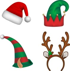 four christmas hats with reindeer antlers and santa claus's hat on the top