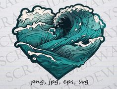 a heart shaped sticker with an ocean wave in the shape of a heart on lined paper