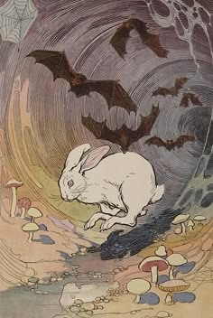 an illustration of a white rabbit sitting in the middle of a field with bats flying around