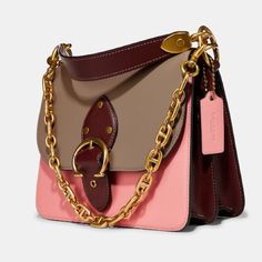 Glovetanned Leather Inside Zip And Snap Pockets Snap Closure, Fabric Lining Handle With 4 1/2" Drop Outside Open Pocket Detachable Chain Strap With 9" Drop Adjustable Strap With 21 1/2" Drop For Shoulder Or Crossbody Wear 9 3/4" (L) X 7" (H) X 4" (W) Pink Leather Bag With Metal Hardware, Luxury Pink Bags With Metal Hardware, Luxury Pink Bag With Metal Hardware, Pink Top Handle Shoulder Bag With Metal Hardware, Pink Rectangular Bag With Metal Hardware, Pink Top Handle Bag With Metal Hardware, Pink Leather Shoulder Bag With Metal Hardware, Pink Leather Coach Bag, Pink Coach Leather Shoulder Bag