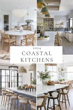 the interior of a coastal kitchen with white walls and wood flooring is shown in four different photos