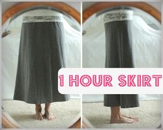 a woman standing in front of a mirror with her feet on the ground and one hour skirt