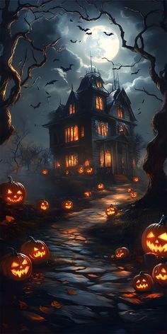 a creepy house with pumpkins in front of it