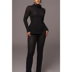 Devotion Ribbed Knit Sweater Pant Set - S / Black - Sets Cozy Fitted Loungewear Sets, Black Sets For Fall Loungewear, Chic Stretch Winter Set, Fitted Ribbed Pants For Loungewear, Chic Stretch Sets For Winter, Fitted Black Pants For Lounging, Ribbed Stretch Sets For Winter, Ribbed Black Bottoms For Fall, Fall Black Ribbed Bottoms