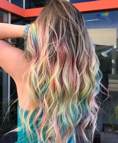 Blonde Colorful Hair Ideas, Vivid Hair Extensions, Oil Slick Highlights Brunette, Pops Of Color In Hair, Blonde Hair With Pops Of Color, Bright Hair Color Ideas For Blondes, Hair With A Pop Of Color, Fun Pop Of Color In Hair, 2023 Fall Hair Trends Blonde