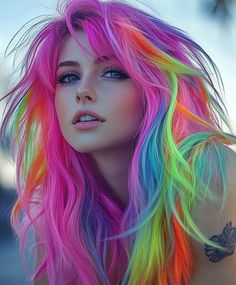 Scene Rainbow Hair, Pink And Rainbow Hair, Pink Black And Blonde Hair, Funky Hair Color Ideas, Pink Updo, Uv Hair, Neon Highlights, Emo Hairstyle, Holographic Hair