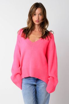 Pink Sweater Pink Vneck Sweater, Affordable Pink Zara Sweater, Trendy Chunky Knit V-neck Long Sleeve Sweater, Oversized V-neck Sweater For Layering, Trendy Relaxed Fit V-neck Sweater, Oversized Chic V-neck Sweater, Oversized V-neck Sweater With Ribbed Cuffs, Knit V-neck Sweater With Ribbed Cuffs, Oversized V-neck Cropped Sweater For Spring