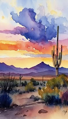 a watercolor painting of a sunset in the desert