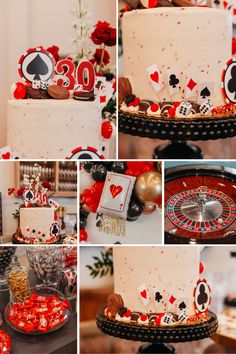 a collage of photos showing casino themed cake and other items in various stages of creation