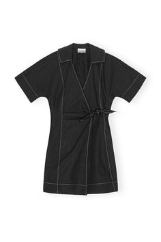 This Black Cotton Poplin Wrap Mini Dress features a v-neckline, short sleeves and contrast stitching. GANNI Black CottonPoplin Wrap Mini Dress in Black | Women's Size 14 Ganni Wrap Dress, Cotton Short Dresses, Ganni Dress, Size 16 Women, Size 12 Women, Wrap Mini Dress, Size 10 Women, Mini Robes, Size 8 Women