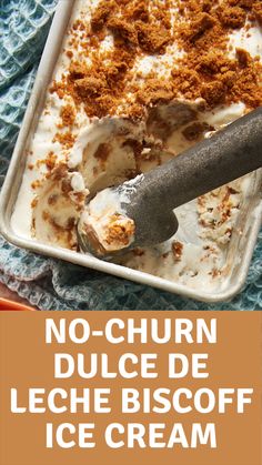 an ice cream sundae in a pan with a spoon