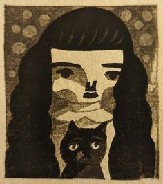 a drawing of a woman with long hair and a cat in front of her face