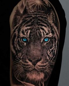 a man's arm with a tiger tattoo on it, and the blue eyes