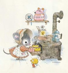 a drawing of a mouse eating cake in front of an oven with cookies on it