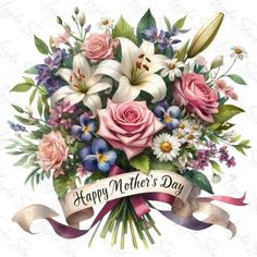 happy mother's day bouquet with flowers and ribbon on white background for greeting card