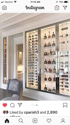 an instagramted photo of a room with wine glasses on display