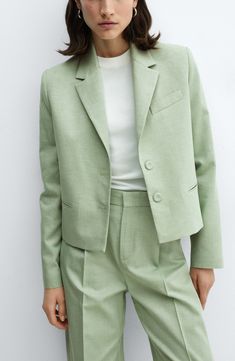 A breezy linen-kissed blend lends warm-weather charm to straight-leg pants fashioned with clean creases. Zip fly with hook-and-bar closure Front slant pockets Partially lined 45% cotton, 44% lyocell, 11% linen Machine wash, line dry Imported Hoco Dress, Mango Outlet, Blazer Beige, Green Suit, Dress Inspo, Pant Suit, Colored Pants, Blazer And Shorts, Cropped Blazer