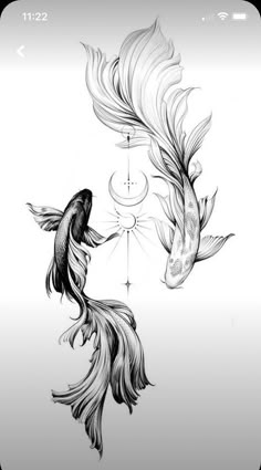 two goldfishs are facing each other in front of the sun and moon tattoo design