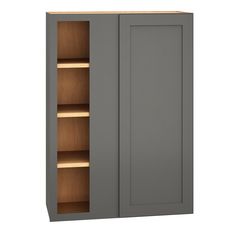 a gray cabinet with wooden shelves on the front and side doors open to reveal an empty shelf