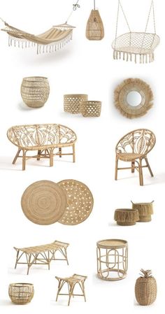 wicker furniture and baskets are arranged in an array on a white background, including one with a hammock hanging from the ceiling