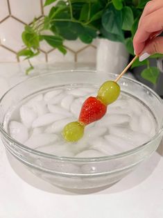 a person holding a stick with some fruit on it in a bowl filled with ice