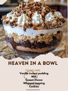 an advertisement for a dessert dish with whipped cream and chocolate toppings on the side