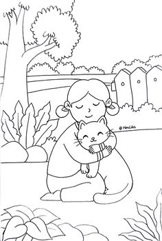 a girl holding a cat in her arms coloring pages for kids, free printable