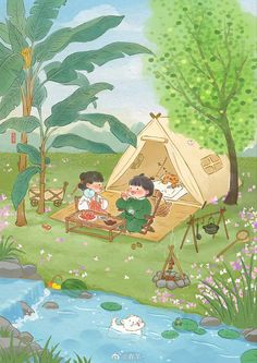 two children are sitting in front of a tent near a river and some water lilies