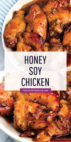 honey soy chicken in a white bowl with text overlay