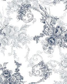 a white and blue floral wallpaper with swirly vines, flowers, and leaves