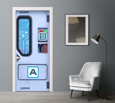 an open door to a room with a phone on the wall and a chair next to it