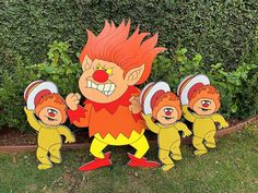 a group of cartoon characters standing next to each other in front of some bushes and shrubbery