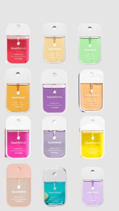 eight different colored tags with the names of each item on them, all in different colors